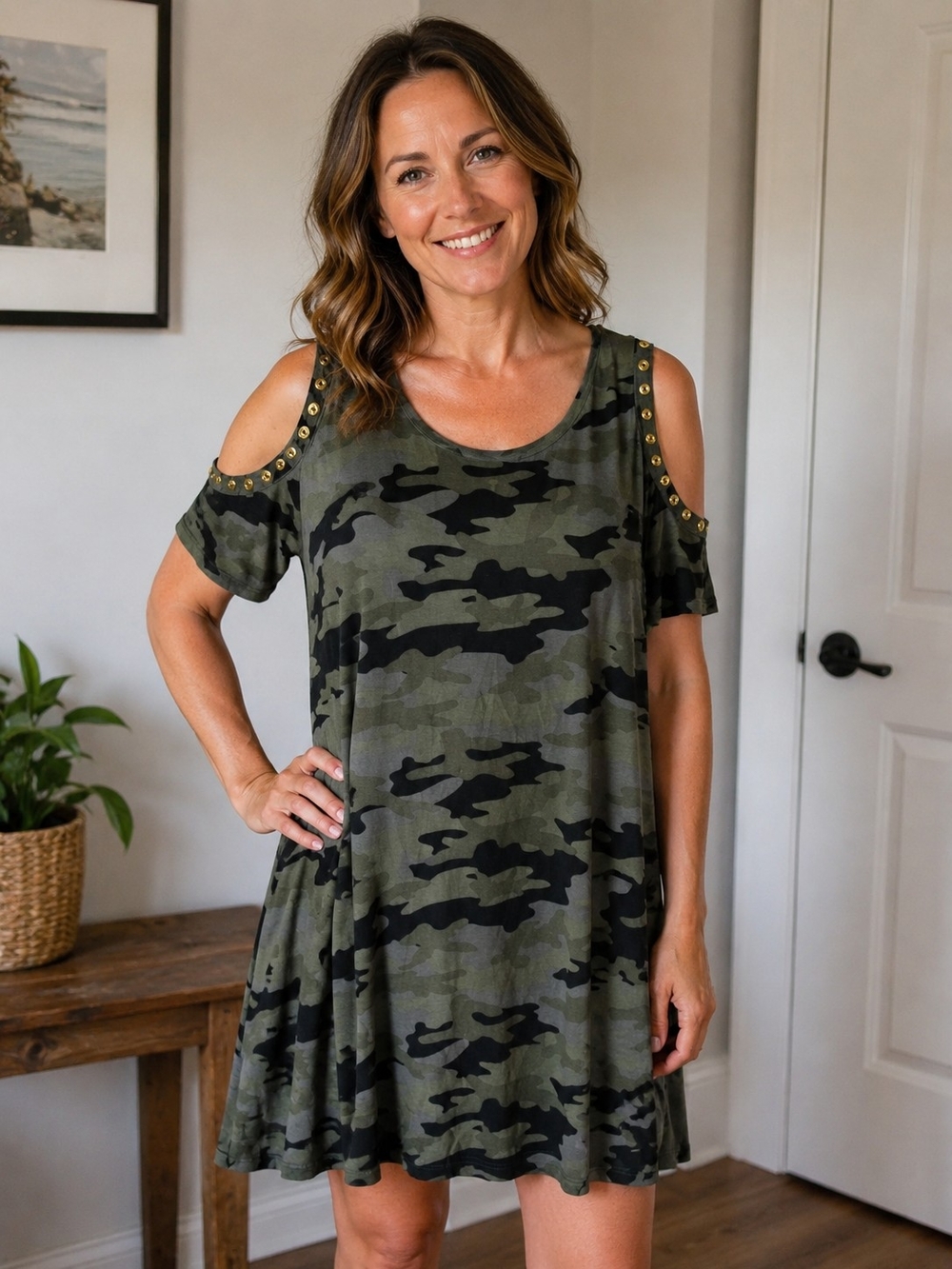 French Laundry Olive Green Camo Cold-Shoulder Tunic with Gold Studs